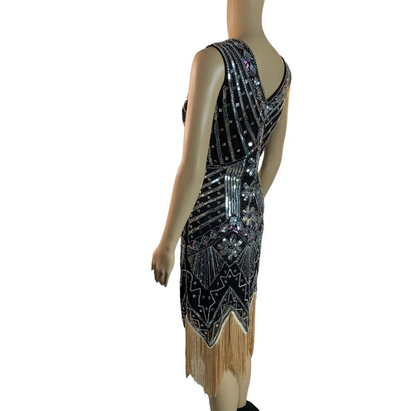 Sequin Dress 1920s Vintage Fringed Cocktail Flapper Dress Asymmetrical Hem Sz S - Picture 4 of 9